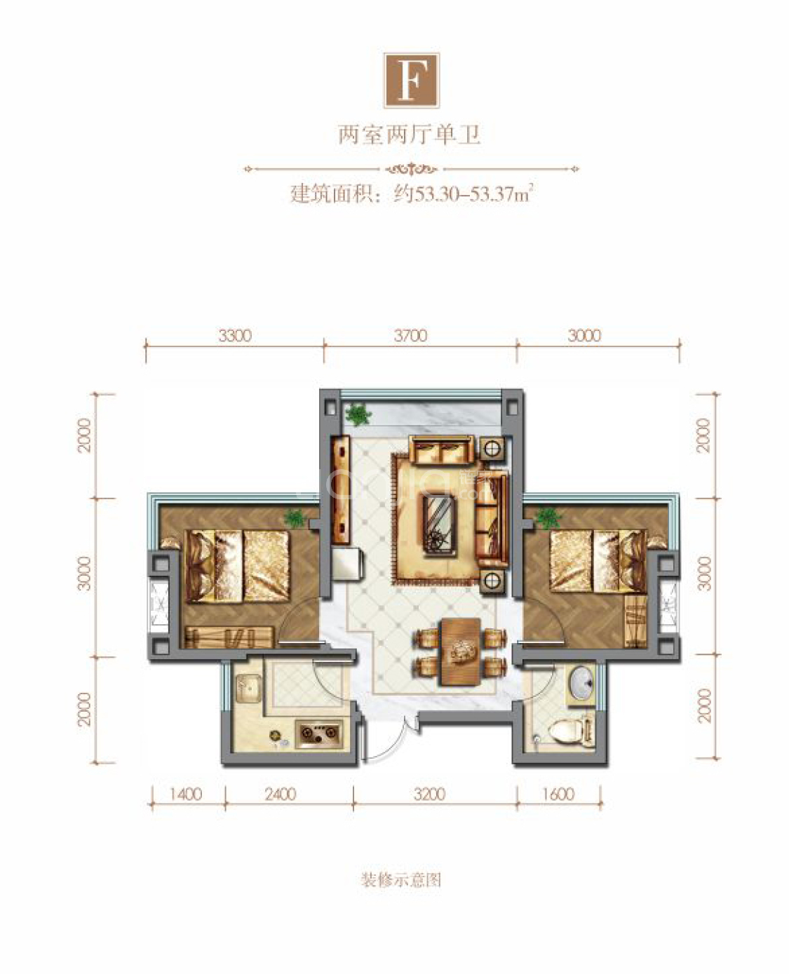 【峨眉长岛_乐山峨眉长岛楼盘】二居室户型图|2室2厅1厨1卫建面 53m