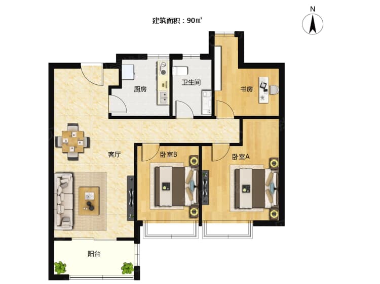 时代楼盘】三居室户型图|3室1厅1卫建面 90m05房型图-上海贝壳新房