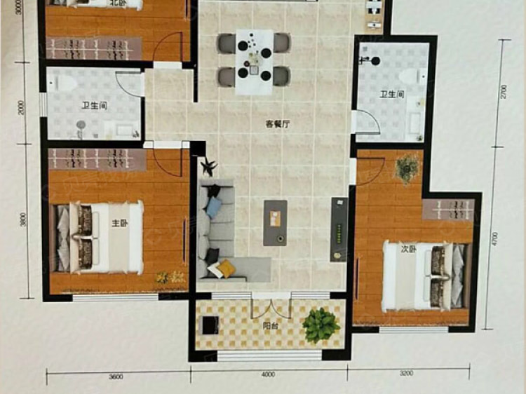 平度上海花园3室2厅2卫户型图