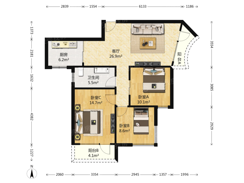 绿城春江花月免缴双税小三房3房朝南厅朝东_