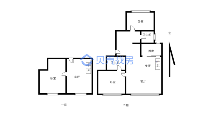一楼带负一层60平米三室双卫格-户型图