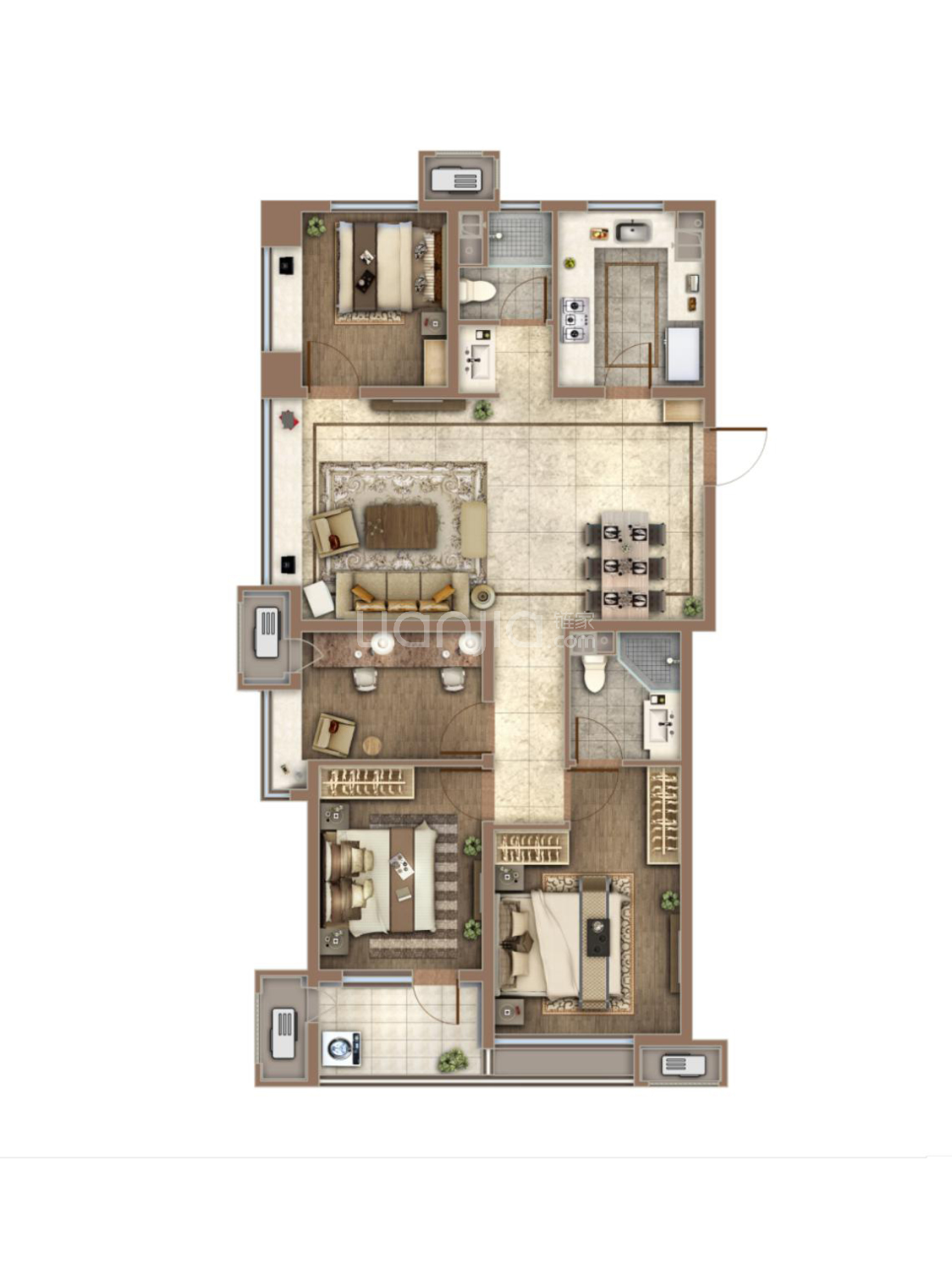 府楼盘】四居室户型图|4室2厅1厨2卫建面 124m05房型图-烟台贝壳