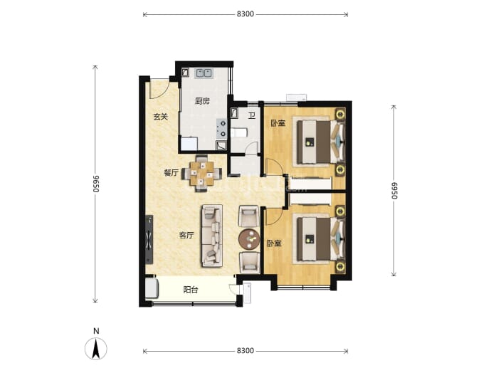 天津中梁公馆2室2厅1卫户型图