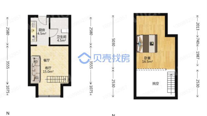 博威小户型公寓，户型方正，越层复式精装家具电齐全-户型图