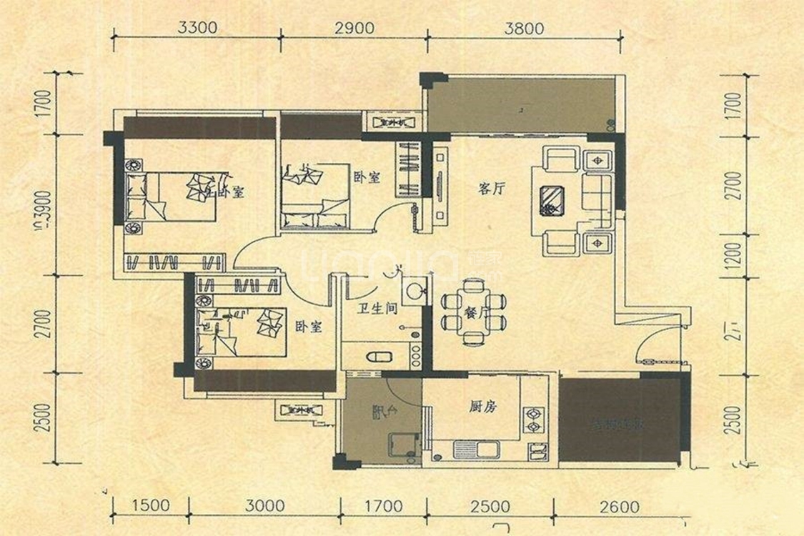 【龙湾悦府_湛江龙湾悦府楼盘】三居室户型图|3室1厅1厨1卫建面 93m