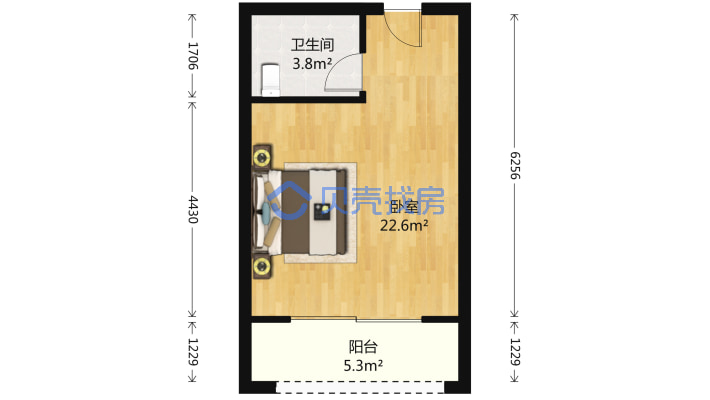 蝴蝶谷 1室1厅 40.97平米-户型图