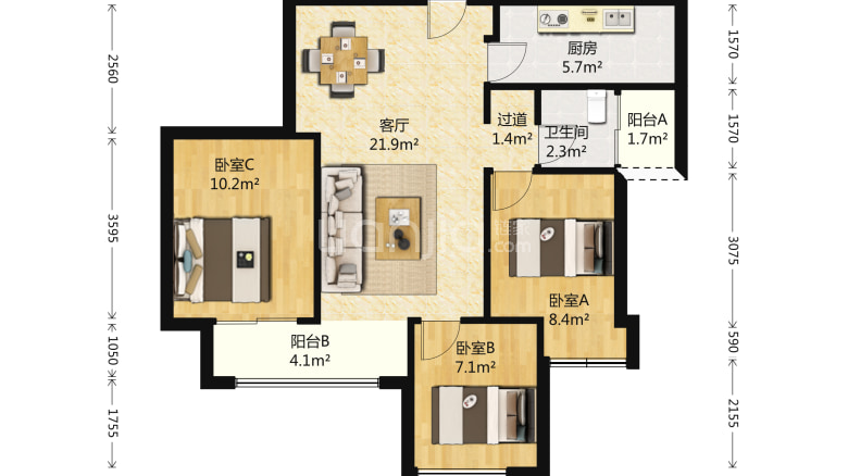 整租·鲁能城中央公馆二期 3室1厅 南