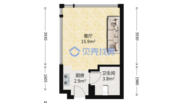杭州未来广场银天金城 1室1厅 37.95平米-户型图