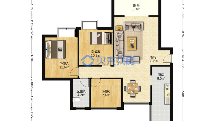 仁和主城区 中间楼层 精装三室可贷款-户型图