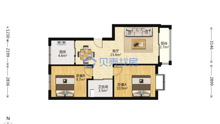 米东新城三期 2室2厅 70.7平米-户型图