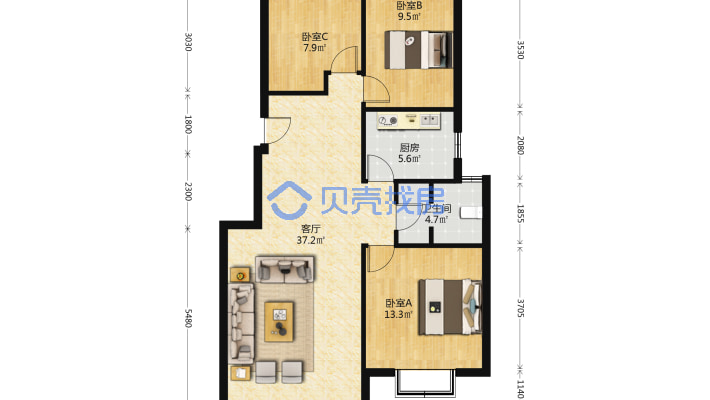 距离北京一河之隔，房子为南北向3居室，楼层好-户型图