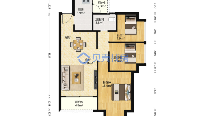 蔷薇国际东区毛坯3房住房出售，欢迎实地看房-户型图