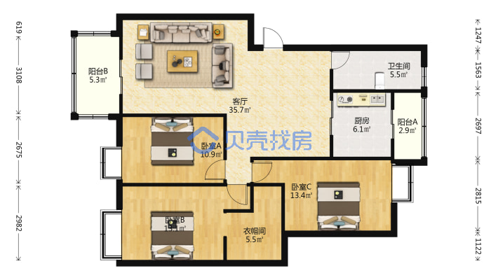 佳田塞纳城 有证 精装三室 户型方正 有钥匙看房方便-户型图