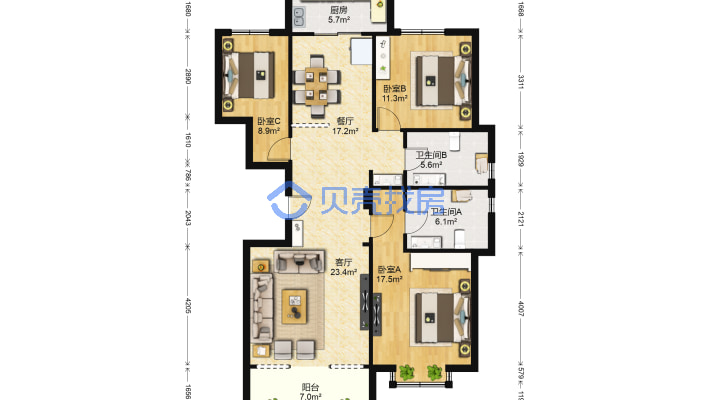 中豪润园B区大平层三居室全明方正户型-户型图