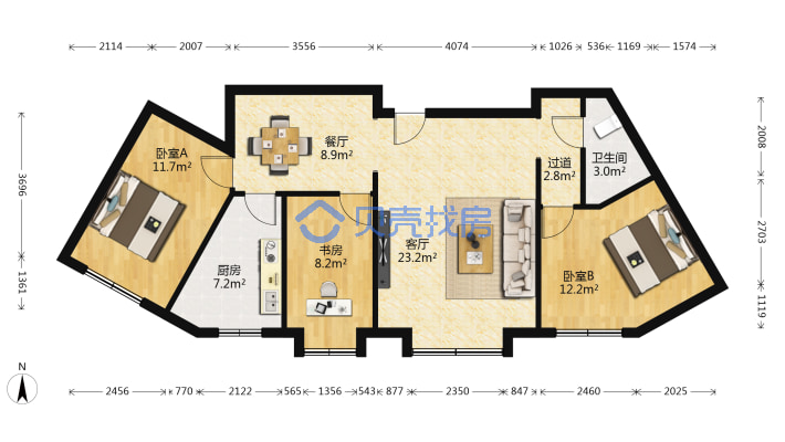 南湖广场旁电梯小高层，三室两厅一卫，看房方便~-户型图