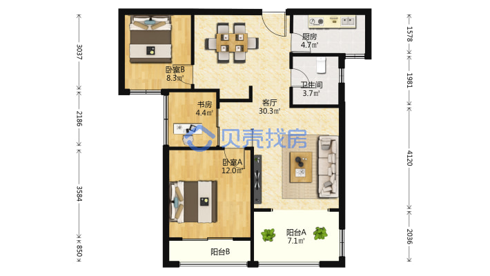 金银湖1号高档小区精装修小三房直接拎包入住-户型图