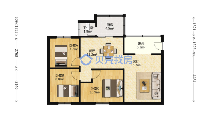 鸿福巷15号、三室两厅、简单装修家具家电齐全好房出售-户型图