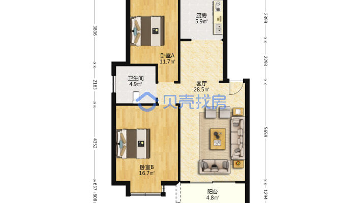 斌锋未来城 2室2厅 南 北-户型图