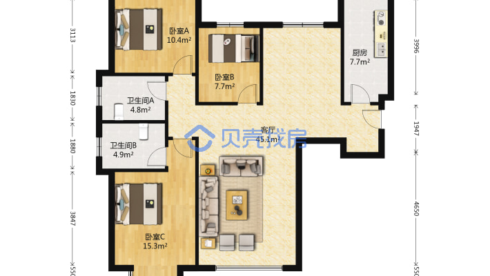 鸿坤理想湾南北大三居 户型方正 楼层高 采光好-户型图