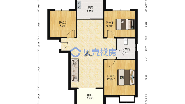 华阳路旁 天伦湾 110平南北通透三居 集中供暖急售-户型图