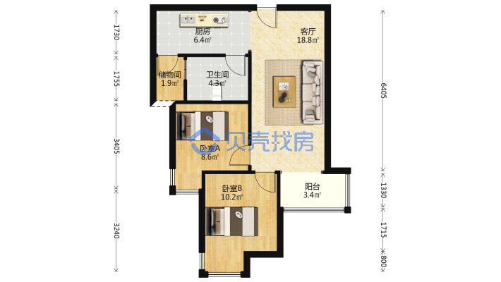 天伦湾嘉园 2室1厅 南-户型图