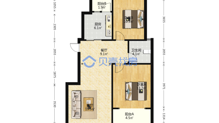 急售奧蘭天和家園2-2-1-1 88.00m²-户型图