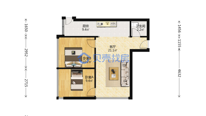 紫荆一号、两室两厅、精装修、家具家电齐全、好房出售-户型图