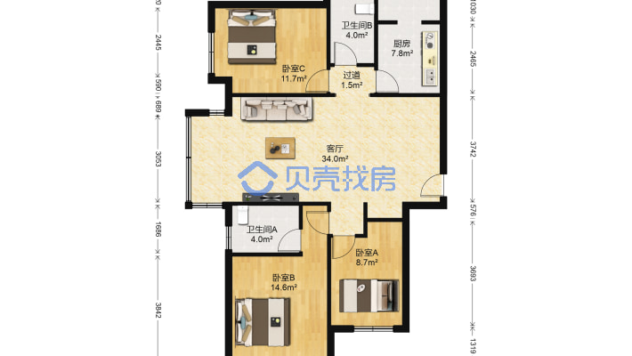 嘉都全明大三居，中间好楼层，视野开阔，采光好-户型图