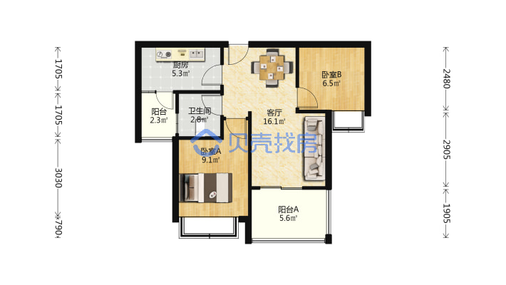 悦山府三期64平精装两室拎包入住-户型图