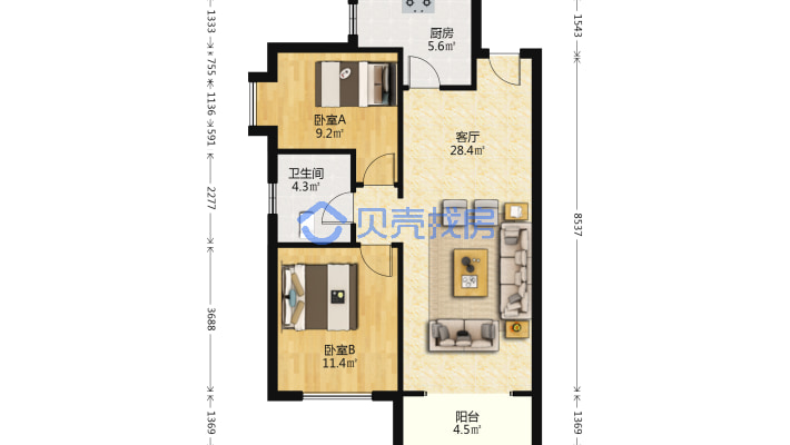 鸿坤理想湾 西南2居 全明格局 精装两居 高楼层-户型图