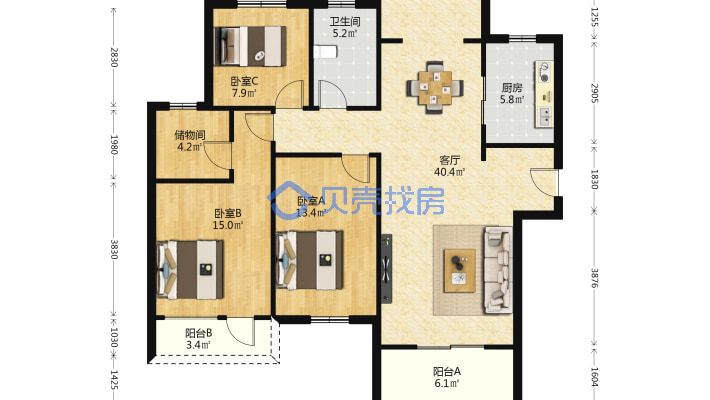 楼层好位置安静，两卧朝南，楼间距100米，采光好-户型图