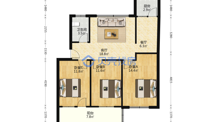 木材公司家属院 3室2厅 南 北-户型图