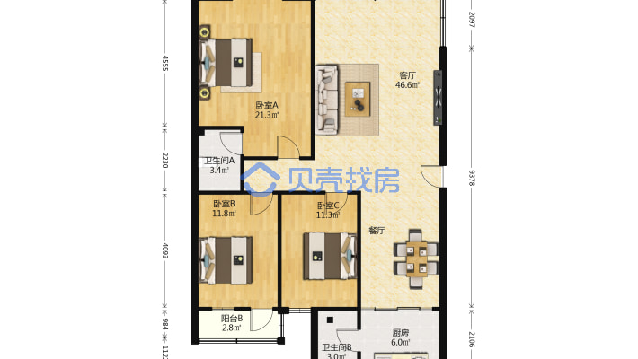 嘉庆苑 3室2厅 南-户型图