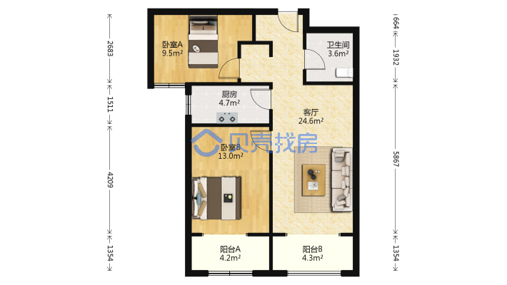 牛津卧室靠右特顺两居 南侧无遮挡  主卧阳台双阳台-户型图