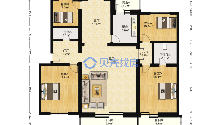 王府温馨公寓 4室2厅 179.47平米-户型图