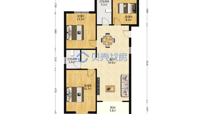 天中国际三室两厅一卫、老证、119平方、69万-户型图
