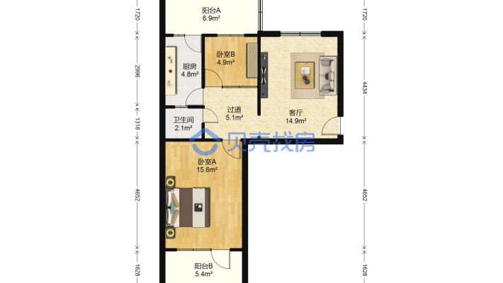 红山路小俩室适合一家人入住南北通透一梯两户标准两室-户型图