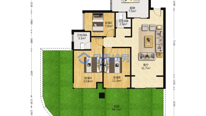 悦山府 三室两厅双卫 98平（精装），带花园和车位-户型图