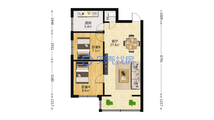 红山路25号 2室1厅 63.86平米-户型图