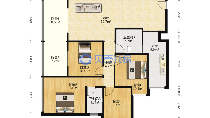 海德堡精装三室好房出售 带家具家电拎包入住-户型图