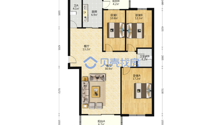 方正园 3室2厅 南 北-户型图