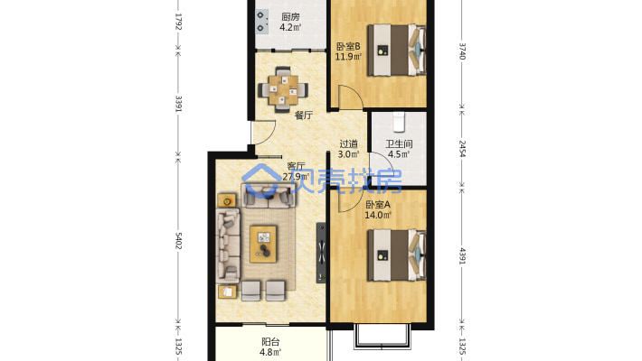 汇金城，两室两厅的房子，家电家具齐全，可以直接入住-户型图