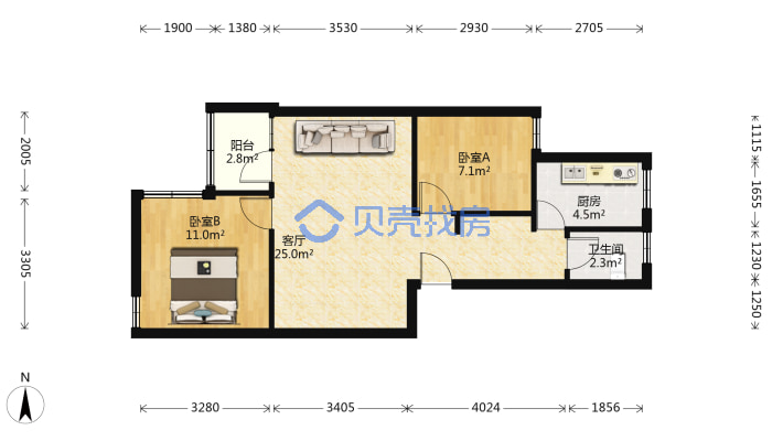 涿州市区的两居室总价都能接受，拎包入住-户型图