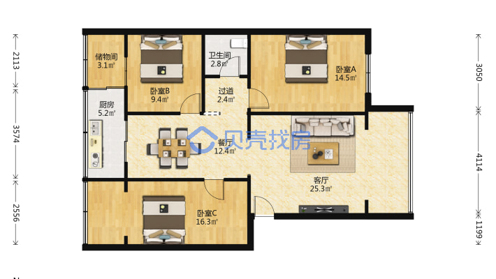 新市区北京南路新捷小区多层3居室户型方正出行便利-户型图