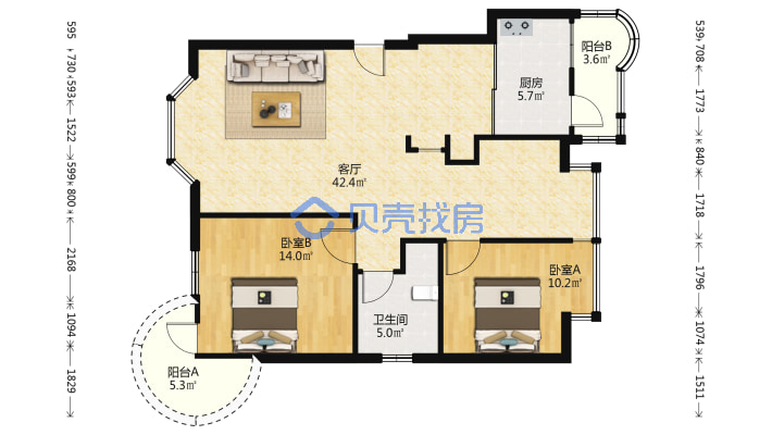 产证满五年 1梯2户  客厅带阳台 卧室带飘窗 明厨明卫-户型图