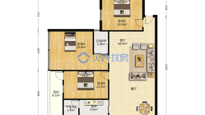 果品小区宿舍（椹川大道南52号） 3室1厅 东-户型图