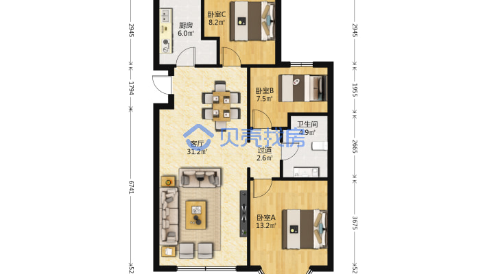 世界公元二期103平米 精装 三室 带家具家电 拎包入住-户型图