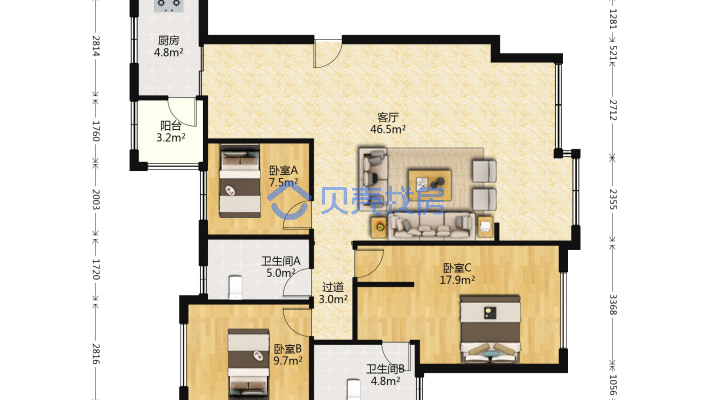 中航城 3室1厅 东南-户型图