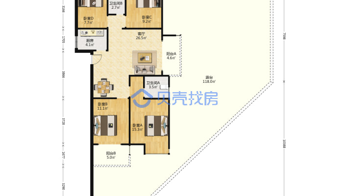 江山名筑一楼四室双卫带400平左右露台 好房出售-户型图