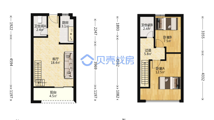铜锣湾精装修，两室两厅双卫，面积40平-户型图